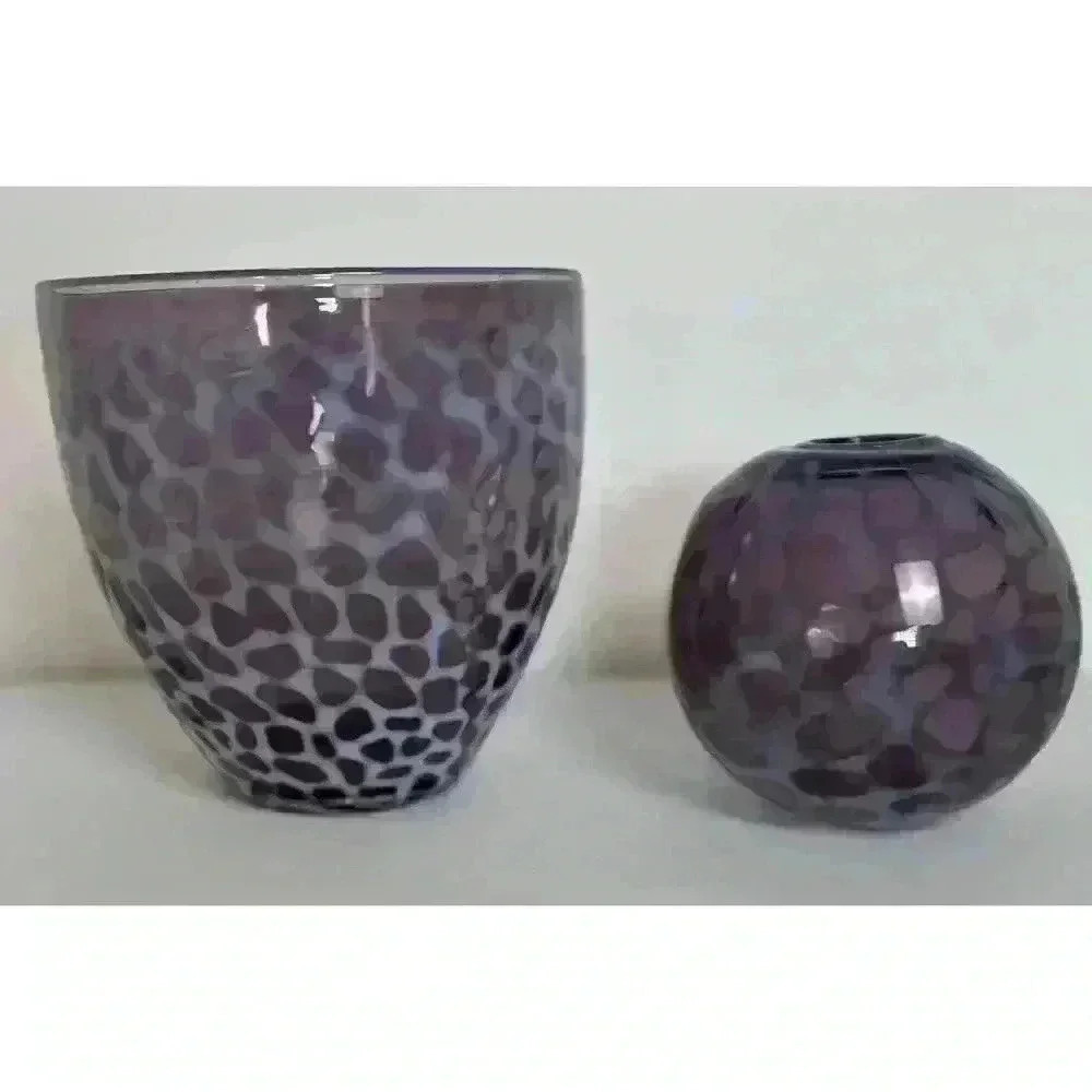 Two Hand Blown Art Glass Vases Purple Tortoise shell spots Clear pontil mark